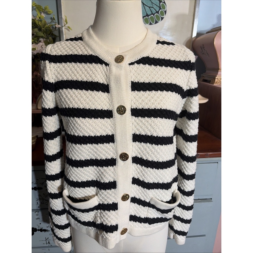 Draper James Navy And White Striped Knit Cardigan Sz XS. Coastal, Preppy.
